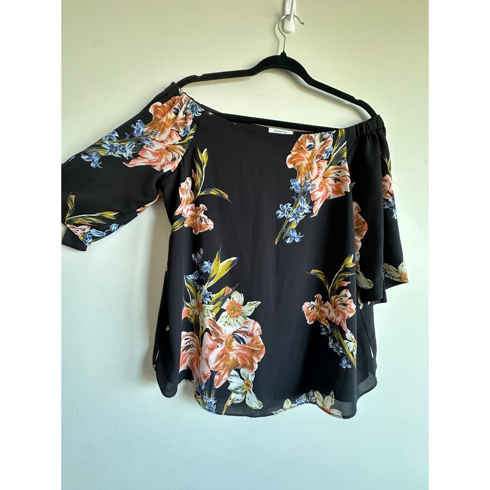 Babaton Aritzia Black Floral Off The Shoulder Tie Sleeve Blouse Medium 67497